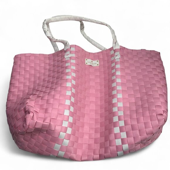 Kate Spade Lightweight Woven Nylon Tote Bag Pink & White With Double Handles - Picture 6 of 6